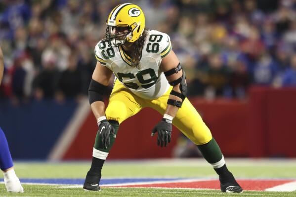 FILE - Green Bay Packers offensive tackle David Bakhtiari lines up during an NFL football game against the Buffalo Bills on Oct. 30, 2022, in Orchard Park, N.Y. Bakhtiari is expected to return to action Sunday, Jan. 1, 2023, against the Minnesota Vikings after missing three games to recover from an appendectomy. (AP Photo/Bryan Bennett, File)