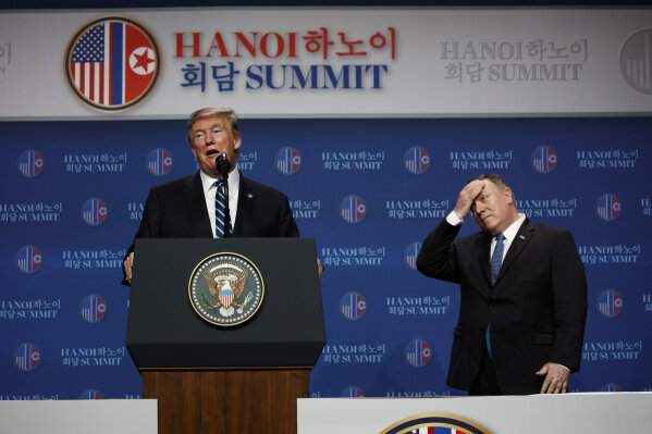 
              President Donald Trump speaks as Sec of State Mike Pompeo looks on during a news conference after a summit with North Korean leader Kim Jong Un, Thursday, Feb. 28, 2019, in Hanoi. (AP Photo/ Evan Vucci)
            