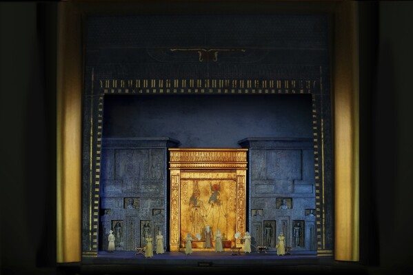 This photo provided by the Metropolitan Opera shows a set model by Christine Jones for Michael Mayer鈥檚 production of Verdi鈥檚 鈥淎ida,鈥� which opens at the Metropolitan Opera on Dec. 31, 2024. (Aram Kim/Metropolitan Opera via AP)
