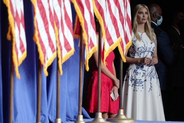 Ivanka Trump listens as President Donald Trump speaks at the 2020 Republican National Convention in Charlotte, N.C., Monday, Aug. 24, 2020. (AP Photo/Andrew Harnik)