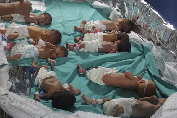 This photo released by Dr. Marawan Abu Saada shows prematurely born Palestinian babies in Shifa Hospital in Gaza City on Sunday, Nov. 12, 2023. (Dr. Marawan Abu Saada via AP)