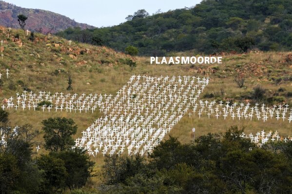 Crosses, memorializing white farmers who were killed, are seen at Witkruis Monument near Polokwane, South Africa, May 15, 2025. (AP Photo/Themba Hadebe, File)