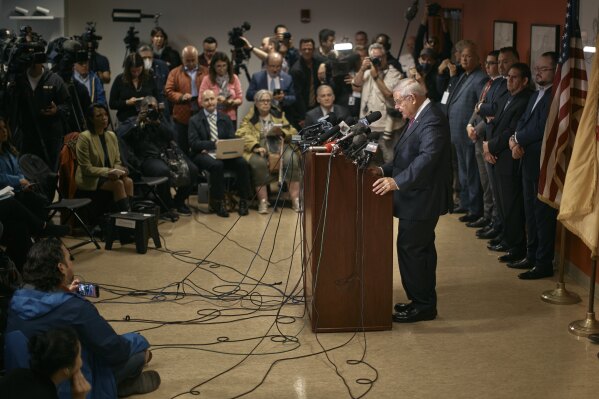 Sen. Bob Menendez speaks during a press conference on Monday, Sept. 25, 2023, in Union City, N.J. Menendez and his wife have been indicted on charges of bribery. (AP Photo/Andres Kudacki)