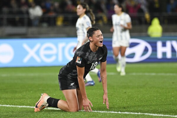 New Zealand's Grace Jale reacts after missing a shot at goal during the Women's World Cup Group A soccer match between New Zealand and the Philippines in Wellington, New Zealand, Tuesday, July 25, 2023. (AP Photo/Andrew Cornaga)