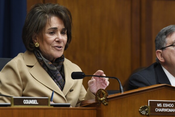 FILE - Rep. Anna Eshoo, D-Calif., speaks at a hearing on Capitol Hill in Washington, Feb. 26, 2020. Legislation introduced in the House of Representatives on Thursday, March 21, 2024, and sponsored by Eshoo, and Rep. Neal Dunn, R-Fla., will require online platforms to label audio and video generated using artificial intelligence. The bill is the latest legislative proposal to address the privacy, national security and consumer risks raised by the rapidly developing technology. (AP Photo/Susan Walsh, File)