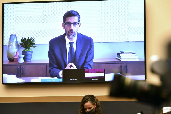 Google CEO Sundar Pichai testifies remotely during a House Judiciary subcommittee hearing on antitrust on Capitol Hill on Wednesday, July 29, 2020, in Washington. (Mandel Ngan/Pool via AP)