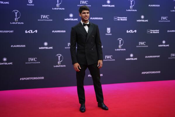Carlos Alcaraz of Spain, poses during the 2025 Laureus World Sports Awards in Madrid, Spain, Monday, April 21, 2025. (AP Photo/Manu Fernandez)