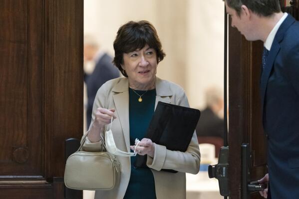 FILE - Sen. Susan Collins, R-Maine, leaves a policy luncheon, on Feb., 17, 2022, on Capitol Hill in Washington. President Joe Biden and Senate Democrats say they are hoping for a bipartisan vote to confirm Ketanji Brown Jackson to the Supreme Court. (AP Photo/Jacquelyn Martin, File)