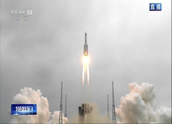 In this image taken from video footage run by China's CCTV via AP Video, a Long March 5B rocket carrying a module for a Chinese space station lifts off from the Wenchang Spacecraft Launch Site in Wenchang in southern China's Hainan Province, Thursday, April 29, 2021. China has launched the core module on Thursday for its first permanent space station that will host astronauts long-term. (CCTV via AP Video)