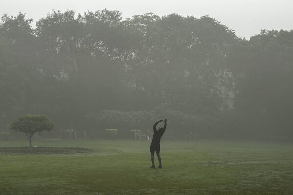 A man performs stretch exercises early morning in a park enveloped by smog and fog in New Delhi, India, Friday, Nov. 3, 2023. Authorities on Friday shut primary schools and banned polluting vehicles and construction activity to control the worst haze and smog this season, causing respiratory infections among people and enveloping monuments and high-rise buildings in and around New Delhi. (AP Photo/Rishi Lekhi)