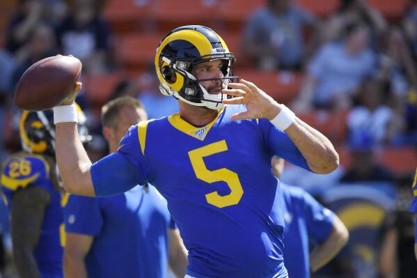 FILE - In this Saturday, Aug. 17, 2019 file photo, Los Angeles Rams quarterback Blake Bortles throws prior to a preseason NFL football game against the Dallas Cowboys in Honolulu. The Green Bay Packers have signed Blake Bortles as they attempt to add quarterback depth while reigning MVP Aaron Rodgers’ future with the team remains uncertain, Thursday, May 13, 2021. (AP Photo/Mark J. Terrill, File)