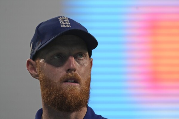 England's Ben Stokes looks towards the screen during the ICC Men's Cricket World Cup match between Pakistan and England in Kolkata, India, Saturday, Nov. 11, 2023. (AP Photo/Bikas Das)