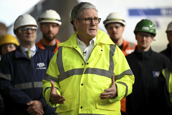 Britain's Prime Minister Keir Starmer speaks during a Q&A session at a shipyard, in north-west England, Thursday, March 6, 2025. (Paul Ellis/Pool Photo via AP)