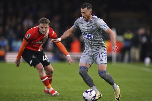 Luton Town's Alfie Doughty, left, and Everton's Jack Harrison in action during the English Premier League soccer match between Luton Town and Everton at Kenilworth Road, Luton, Friday May 3, 2024. (Bradley Collyer/PA via AP)
