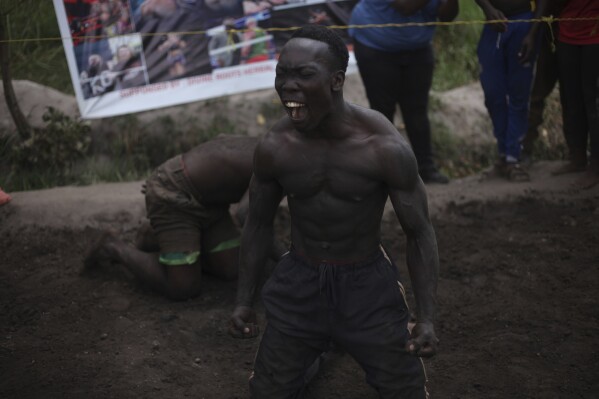 CORRECTS THE YEAR TO 2024 - Ugandan youth celebrate after winning an amateur wrestling tangle in the soft mud in Kampala, Uganda, Wednesday, March 20, 2024. The open-air training sessions, complete with an announcer and a referee, imitate the pro wrestling contests the youth regularly see on television. While a pair tangles inside the ring, made with bamboo poles strung with sisal rope, others standing ringside cheer feints and muscular shows of strength. (AP Photo/Patrick Onen)