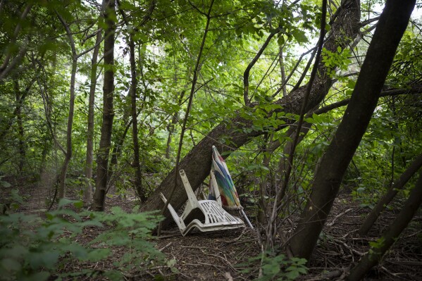 Muddy plastic chairs sit near the Tisza River near Tiszaroff, Hungary, Tuesday, Aug. 1, 2023.  (AP Photo/Denes Erdos)