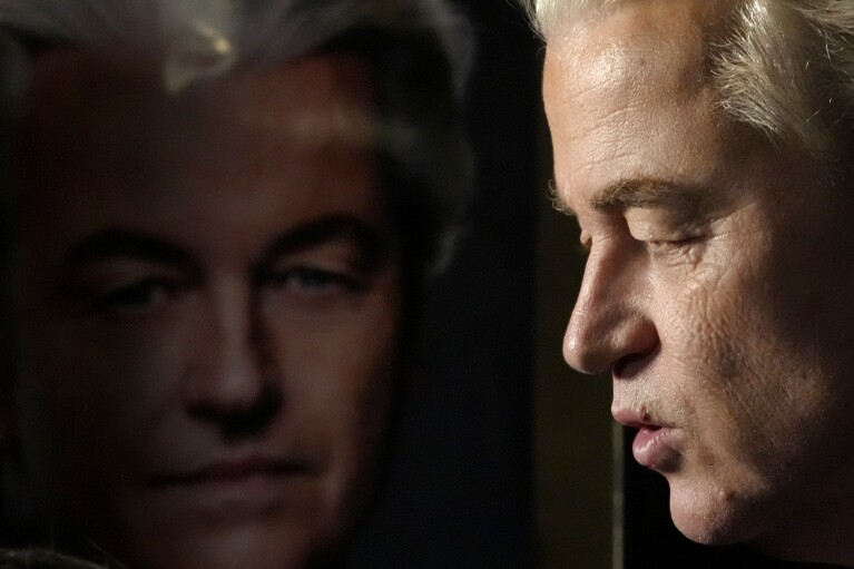  Geert Wilders, leader of the Party for Freedom, known as PVV, answers questions to the media after announcement of the first preliminary results of general elections in The Hague, Netherlands, Wednesday, Nov. 22, 2023.  (AP Photo/Peter Dejong, File)
