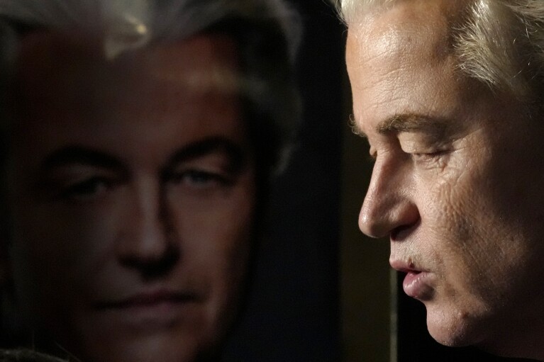  Geert Wilders, leader of the Party for Freedom, known as PVV, answers questions to the media after announcement of the first preliminary results of general elections in The Hague, Netherlands, Nov. 22, 2023.  (AP Photo/Peter Dejong, File)