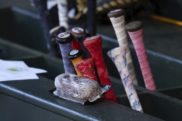 The Minnesota Twins' home run sausage is pictured in the dugout during the fifth inning of a baseball game against the Boston Red Sox, Friday, May 3, 2024, in Minneapolis. (AP Photo/Matt Krohn)
