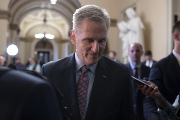 Speaker of the House Kevin McCarthy, R-Calif., walks from the chamber to his office just after House Republicans failed to advance their own defense bill for second time in a week, at the Capitol in Washington, Thursday, Sept. 21, 2023. (AP Photo/J. Scott Applewhite)