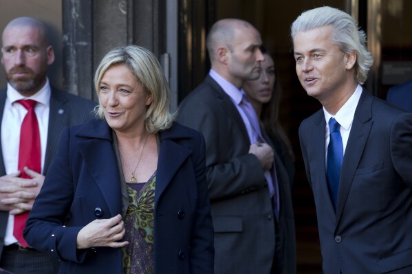 European right-wing politicians, Dutchman Geert Wilders, right, and France's Marine Le Pen, left, pose for photographers in The Hague, Wednesday Nov. 13, 2013. (AP Photo/Peter Dejong, File)