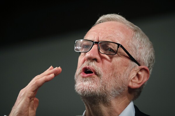 FILE - Labour Leader Jeremy Corbyn addresses an eve of poll rally in London, Wednesday, Dec. 11, 2019. Britain will go to the polls tomorrow Dec. 12, to vote in a pre-Christmas general election. The South African government says former U.K. opposition leader Jeremy Corbyn will join its delegation for this week’s hearings at the United Nations’ top court as it accuses Israel of genocide against Palestinians in the war in Gaza., it was reported on Tuesday, Jan 9, 2024. (AP Photo/Thanassis Stavrakis, File)