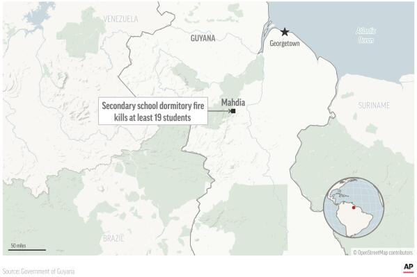 Authorities in Guyana say a fire broke out early Monday at a secondary school dormitory in Mahdia, Guyana. At least 20 students were killed. (AP Graphic)