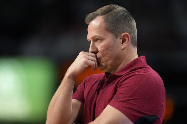 Iowa State head coach T.J. Otzelberger looks on as Iowa State plays Kansas during the first half of an NCAA college basketball game, Saturday, Jan. 27, 2024, in Ames, Iowa. Iowa State won 79-75. (AP Photo/Matthew Putney)