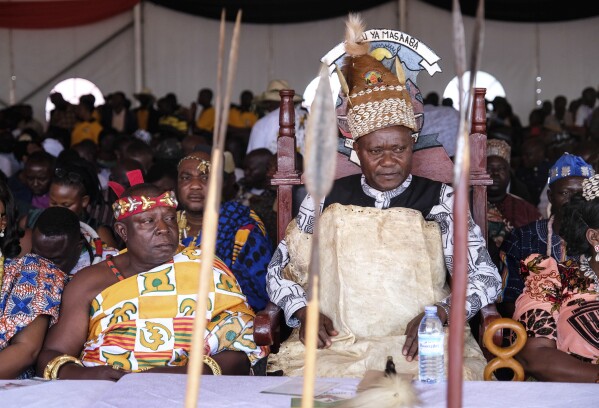 ImageJude Mike Mudoma_Umukuuka iii, right, and King Fiti Torgbi Amenya V, Paramount Chief of the Alfapo Traditional Area, left, from Ghana, attend the launch of the circumcision season, known as Imbalu, in Mbale Village, Eastern Uganda, Saturday, Aug. 3, 2024. (AP Photo/Hajarah Nalwadda)