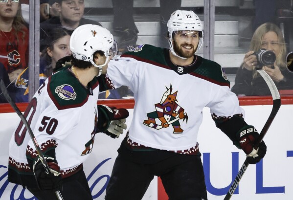 Arizona Coyotes forward Alex Kerfoot (15) celebrates his goal with teammate defenseman Sean Durzi (50) during the first period of an NHL hockey game against the Calgary Flames in Calgary, Alberta, Sunday, April 14, 2024. (Jeff McIntosh/The Canadian Press via AP)