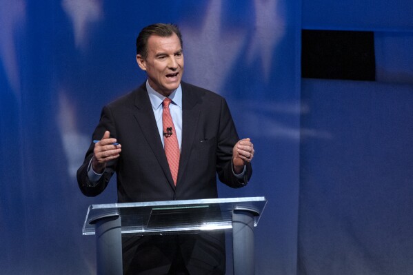 FILE - Rep. Tom Suozzi, D-N.Y., answers a question during a debate with New York Public Advocate Jumaane Williams and New York Gov. Kathy Hochul, as they face off during a New York governor primary debate at the studios of WNBC4-TV, Thursday June 16, 2022, in New York. Suozzi is launching a campaign, Tuesday, Oct. 10, 2023, to retake the New York congressional seat held by Rep. George Santos as the besieged Republican congressman faces criminal charges on money laundering and lying to Congress.(Craig Ruttle/Newsday via AP, Pool, File)