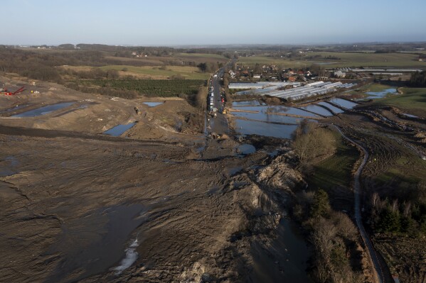 The area affected by a landslide of several million tonnes contaminated soil is pictured, near the village of Oelst, near Randers, Denmark, Thursday Jan. 25, 2024. On Monday, Prime Minister Mette Frederiksen said that 