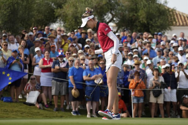 Solheim Cup team US golfer Nelly Korda reacts to a putt during the foursomes play at the Solheim Cup in Finca Cortesin, near Casares, southern Spain, on Friday, Sept. 22, 2023. (AP Photo/Bernat Armangue)