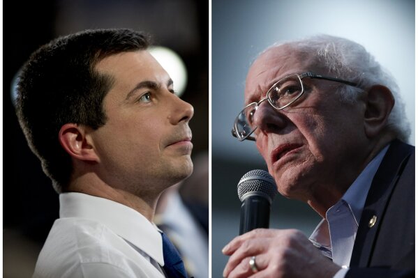 This combination of Jan. 26, 2020, photos shows at left, Democratic presidential candidate former South Bend, Ind., Mayor Pete Buttigieg on Jan. 26, 2020, in Des Moines, Iowa; and at right Democratic presidential candidate Sen. Bernie Sanders, I-Vt., in Sioux City, Iowa. After a daylong delay, partial results from Iowa's Democratic caucuses showed Buttigieg and Sanders ahead of the pack. (AP Photo)