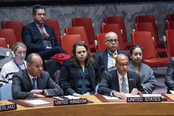 Robert Wood, foreground right, deputy permanent representative of the United States to the United Nations, speaks to delegates during a security council meeting at the United Nations Headquarters, Monday, Jan. 22, 2024. (AP Photo/Eduardo Munoz Alvarez)