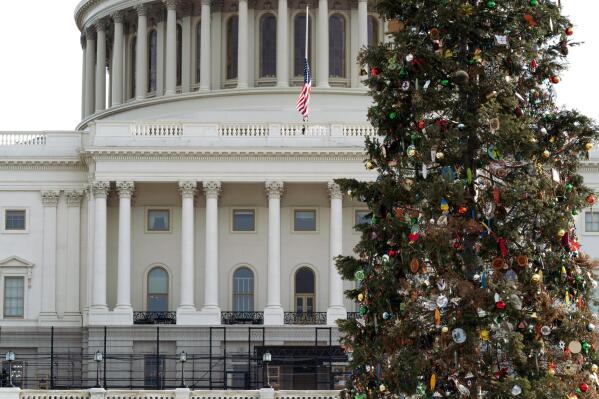 A Chirstmas tree stands on the West Front of the U.S. Capitol, Thursday, Jan. 6, 2022 in Washington. President Joe Biden and members of Congress are solemnly marking the first anniversary of the Jan. 6 U.S. Capitol insurrection. Lawmakers are holding events Thursday to reflect on the violent attack by supporters of then-President Donald Trump. The ceremonies will be widely attended by Democrats, but almost every Republican on Capitol Hill will be absent.  ( AP Photo/Jose Luis Magana)