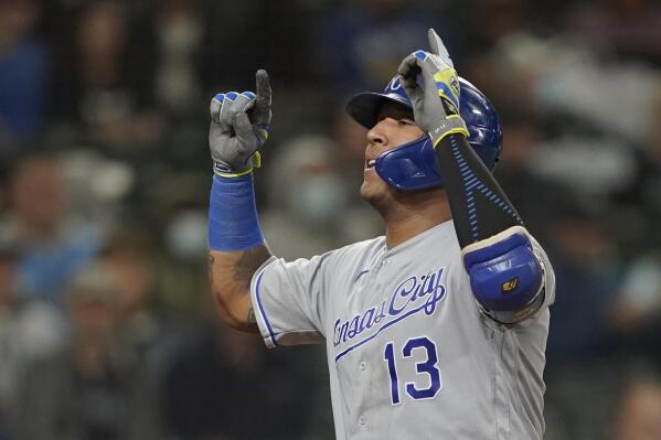 Kansas City Royals' Salvador Perez reacts after he hit a grand slam against the Seattle Mariners during the sixth inning of a baseball game Thursday, Aug. 26, 2021, in Seattle. (AP Photo/Ted S. Warren)
