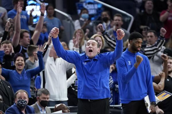 Duke head coach Mike Krzyzewski celebrates after his team defeated Texas Tech in a college basketball game in the Sweet 16 round of the NCAA tournament in San Francisco, Thursday, March 24, 2022. (AP Photo/Marcio Jose Sanchez)
