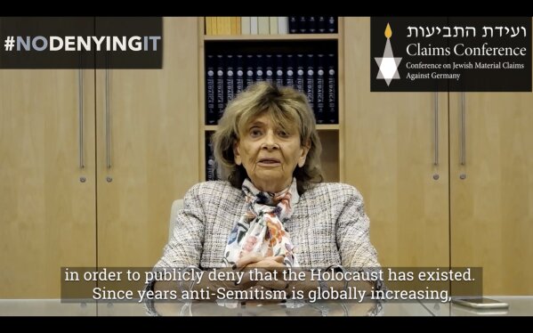 This photo taken on Tuesday, July 28, 2020 from an undated video shows former President of Central Council of Jews in Germany Charlotte Knobloch recording a message for Facebook's Mark Zuckerberg. Holocaust survivors around the world are lending their voices to a campaign launched Wednesday July 29, 2020, targeting Facebook head Mark Zuckerberg, urging him to take action to remove denial of the Nazi genocide from the social media site. Charlotte Knobloch is a Holocaust survivor who today lives in Munich. (Jewish Claims Conference via AP)
