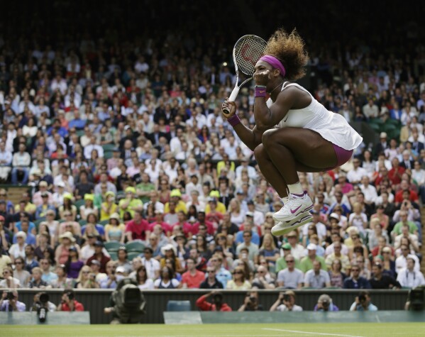 FILE - Serena Williams of the United States reacts after winning against Zheng Jie of China during a third round women's singles match at the All England Lawn Tennis Championships at Wimbledon, England, June 30, 2012. (AP Photo/Anja Niedringhaus, File)