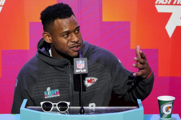 Kansas City Chiefs wide receiver JuJu Smith-Schuster speaks to the media during the NFL football Super Bowl 57 opening night, Monday, Feb. 6, 2023, in Phoenix. The Kansas City Chiefs will play the Philadelphia Eagles on Sunday. (AP Photo/Matt York)