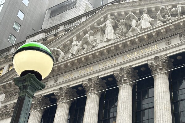 The front of the New York Stock Exchange is shown on Thursday, April 11, 2024 in New York. (AP Photo/Peter Morgan)