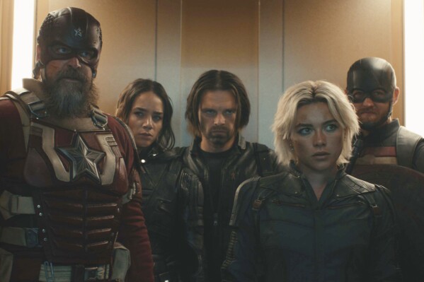 This image released by Marvel Studios shows, from left, David Harbour, Hannah John-Kamen, Sebastian Stan, Florence Pugh and Wyatt Russell in a scene from "Thunderbolts." (Disney-Marvel Studios via AP)
