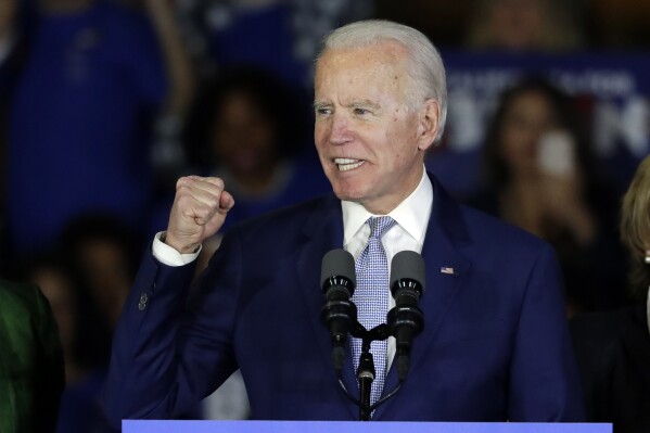 FILE - In this March 3, 2020, file photo, Democratic presidential candidate former Vice President Joe Biden speaks at a primary election night campaign rally in Los Angeles. (AP Photo/Chris Carlson, File)