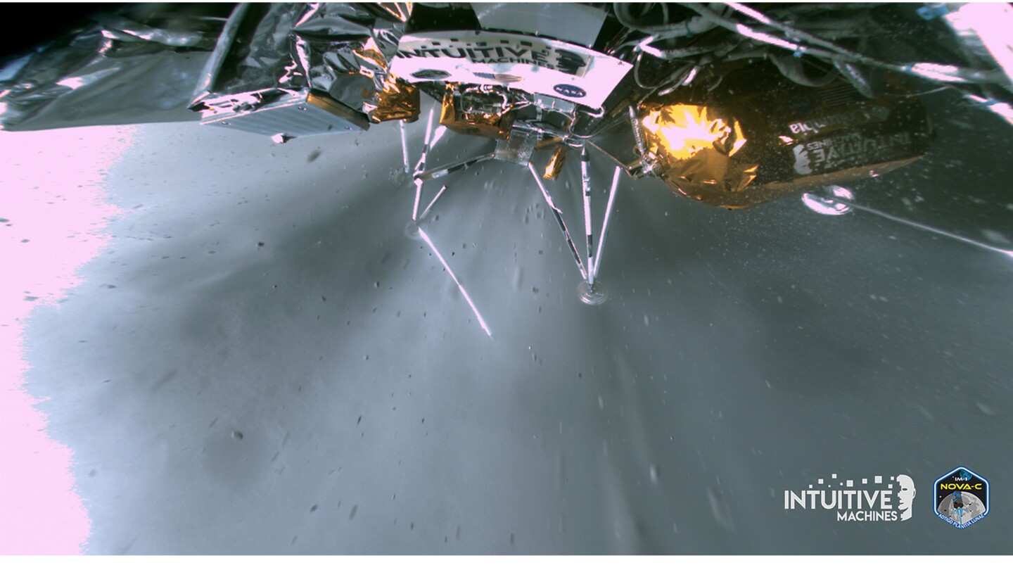 This image provided by Intuitive Machines shows a broken landing leg on the Odysseus lander. The lander touched down near the moon's south pole on Feb. 22, 2024, but then fell over on its side, hampering communications. (Intuitive Machines via AP)