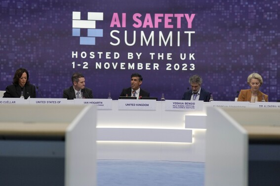 FILE - Britain's Prime Minister Rishi Sunk, center, speaks during a plenary session at the AI Safety Summit at Bletchley Park in Milton Keynes, England, on Nov. 2, 2023. South Korea is set to host a mini-summit this week on risks and regulation of artificial intelligence, following up on an inaugural AI safety meeting in Britain in 2023 that drew a diverse crowd of tech luminaries, researchers and officials. (AP Photo/Alastair Grant, Pool, File)