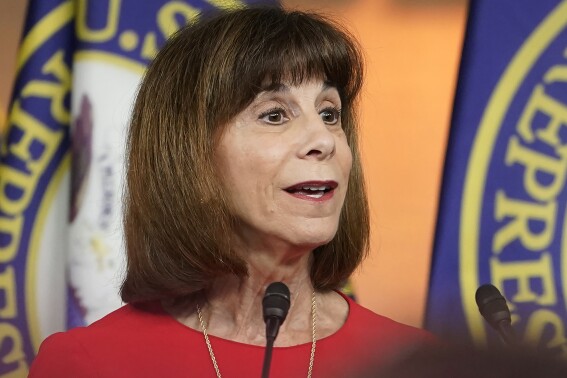 FILE - U.S. Rep. Kathy Manning, D-N.C., speaks during a news conference at the Capitol, July 19, 2022, in Washington. Manning was injured in a car accident on Thursday, Aug. 3, 2023, in her district and was treated at a hospital, her office said. (AP Photo/Mariam Zuhaib, File)