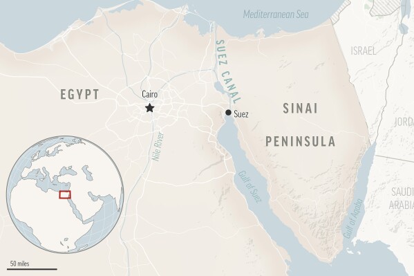 This is a locator map for the Suez Canal and the Sinai Peninsula in Egypt, with its capital, Cairo. (APPhoto)