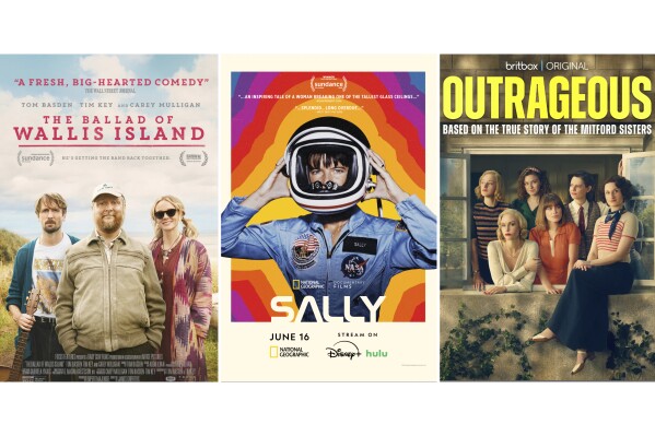 This combination of images shows promotional art for the film "The Ballad of Wallis Island," left, the documentary "Sally," center, and the series "Outrageous." (Focus Features/National Geographic/BritBox via AP)