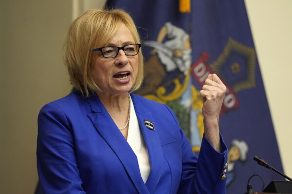 FILE - Democratic Gov. Janet Mills delivers her State of the State address, Tuesday, Jan. 30, 2024, at the State House in Augusta, Maine. Mills says a state-owned site on the coast of Maine will serve as the location of an offshore wind port critical to developing the nation’s first floating offshore wind power research array, Tuesday, Feb. 20. (AP Photo/Robert F. Bukaty, File)